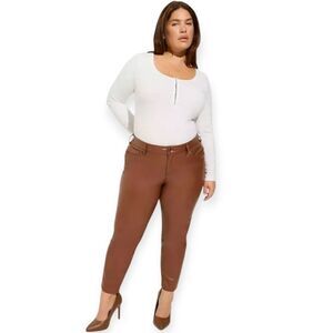 22W Torrid Brown Faux Leather Pant Perfect Skinny Mid Rise Zipper Pocket Plussiz